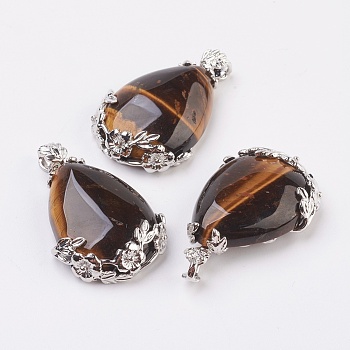 Valentine Gifts Idea for Guys Natural Tiger Eye Pendants, with Brass Findings, Drop, Platinum, 38~41x26x8mm, Hole: 5x4mm