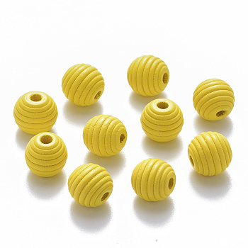 Painted Natural Wood Beehive Beads, Round, Yellow, 12x11mm, Hole: 3.5mm