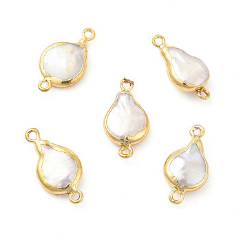 Baroque Natural Keshi Pearl Connector Charms, Teardrop Links, with Brass Double Loops, Light Gold, 21~22x10~12x3~6mm, Hole: 1.6mm