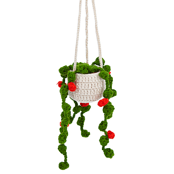 Woolen Yarn Crochet Plant Basket Hanging Decorations, for Car Rearview Mirror Decoration, Dark Sea Green, 43cm