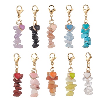 Chip Natural & Synthetic Gemstone Pendant Decoraiton, with Alloy Enamel Pendants, 304 Stainless Steel Lobster Claw Clasps, Heart, 40~42mm, 10pcs/set