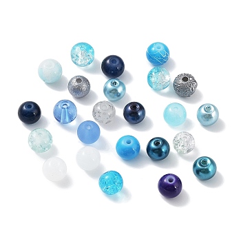 Glass Beads, Round, Mixed Style, Blue, 8~8.5x7.5mm, Hole: 0.8mm, 300pcs/bag