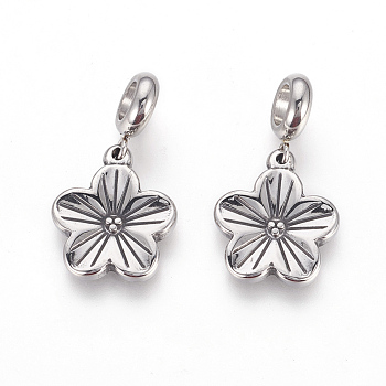 304 Stainless Steel European Dangle Charms, Large Hole Pendants, Flower, Antique Silver, 29mm, Hole: 5mm, Pendant: 19x16x2.5mm
