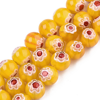 Handmade Millefiori Glass Beads Strands, Round with Flower Pattern, Gold, 10mm, Hole: 1.2mm, about 36~38pcs/strand, 13.78 inch~14.88 inch(35cm~37.8cm)