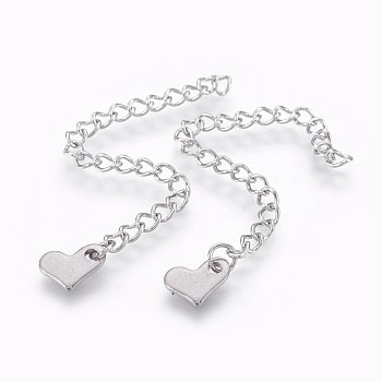 304 Stainless Steel Chain Extender, Heart, Stainless Steel Color, 70x3mm, Heart: 6.5x9x1mm.
