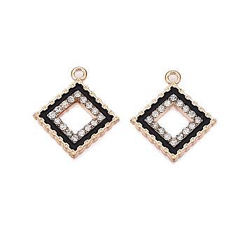 Alloy Enamel Pendants, with Crystal Rhinestone, Cadmium Free & Lead Free, Light Gold, Rhombus Charms, Black, 23.5x20.5x2mm, Hole: 1.8mm