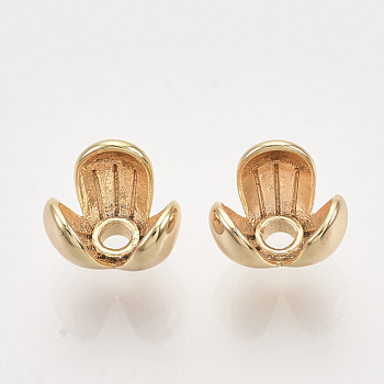 Brass Bead Caps, Flower, Nickel Free, 3-Petal, Real 18K Gold Plated, 7x7.5x6mm, Hole: 1.6mm