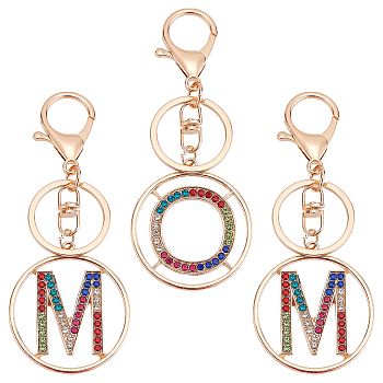 WADORN Alloy Colorful Rhinestone Keychain, with Key Rings and Lobster Claw Clasps, Flat Round with Letter O & Letter M, Light Gold, 11cm, Pendant: 48.5x44x2.4mm, 3pcs/box