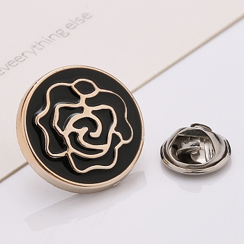 Plastic Brooch, Alloy Pin, with Enamel, for Garment Accessories, Round with Rose, Black, 18mm