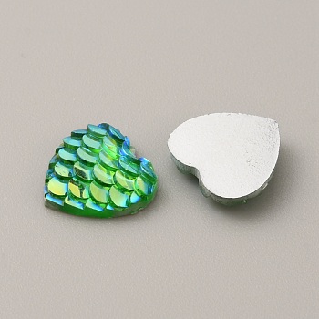 Opaque Resin Cabochons, AB Color, Heart with Scales Pattern, Medium Sea Green, 11x12x3mm