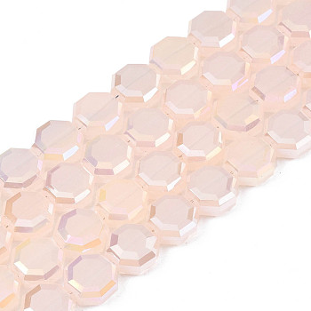 Electroplate Opaque Solid Color Glass Beads Strands, AB Color Plated, Half Plated, Faceted, Octagon, Misty Rose, 7~8x7~8x4mm, Hole: 1.2mm, about 72pcs/strand, 20.47 inch(52cm)
