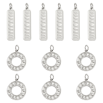 DICOSMETIC 12Pcs 2 Style 304 Stainless Steel Pendants, Manual Polishing, with Jump Ring, Textured, Moon Phase, Stainless Steel Color, 27x6.5x1mm and 17x15x1mm, 6pcs/style