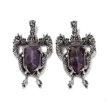 Natural Amethyst Faceted Big Pendants, Dragon Charms, with Antique Silver Plated Alloy Findings, 52x33x8mm, Hole: 6x4mm