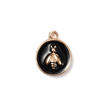 Alloy Enamel Pendants, Flat Round with Bee, Black, 14x11x3.5mm, Hole: 1.6mm