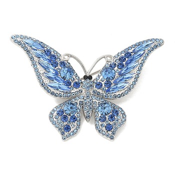 Butterfly Platinum Zinc Alloy Rhinestone Brooches, for Backpack Clothes, Light Sapphire, 49x70mm