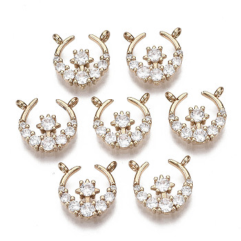 Brass Micro Pave Cubic Zirconia Pendants, Long-Lasting Plated, Moon with Star, Light Gold, Clear, 12x12.5x2.5mm, Hole: 1.2mm