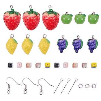 DIY Earring Makings, with Fruit Resin Pendants, Brass Earring Hooks and Jump Rings, 304 Stainless Steel Eye Pin, Electroplate Glass Beads, Mixed Color, 20x12x12mm, Hole: 2mm