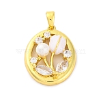 Brass Micro Pave Cubic Zirconia Pendants, with Plastic Pearl and Enamel,  Oval with Flower, Real 14K Gold Plated, 20.5x16x6mm, Hole: 3x4.5mm(KK-A232-10G)