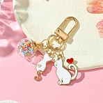 Cat Alloy Enamel Pendant Decoration, with Alloy Swivel Clasps and Glass Ball Pendant, White, 60mm(HJEW-YW00016-02)