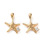 Ocean Theme Brass Micro Pave Clear Cubic Zirconia Pendants, Starfish Charms, Real 18K Gold Plated, 17x13x3mm, Hole: 3x1.6mm(KK-L266-02H-G)
