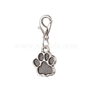 Bear Paw Print Alloy Pendant Decorations, Zinc Alloy Lobster Clasps Charm, Clip-on Charms, for Keychain, Purse, Backpack, Antique Silver & Platinum, 28mm(HJEW-JM00890)