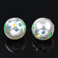 ABS Plastic Imitation Pearl Beads, with Enamel, Round with Flower, Tan, 12x11mm, Hole: 2mm(KY-N015-96)
