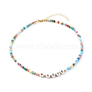 Beaded Necklaces, with Acrylic Beads, Brass Beads, Glass Beads, 304 Stainless Steel Findings & Brass Chain, Word Love, Colorful, 15.35 inch(39cm)(NJEW-JN03536-02)