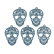430 Stainless Steel Filigree Pendants, Spray Painted, Etched Metal Embellishments, Skull, Cadet Blue, 23x15x0.5mm, Hole: 1.2mm(STAS-S108-23A)