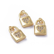 Brass Micro Pave Cubic Zirconia Pendants, with Jump Rings, Long-Lasting Plated, Lock with Heart, for Valentine's Day, Clear, Golden, 15x10x3.5mm, Hole: 3mm(ZIRC-G163-20G)