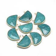 Natural White Jade Semi Circle Pendants, with Brass Findings, Faceted, Dyed, Half Round, Golden, Dark Cyan, 32x25~26x7mm, Hole: 2mm(X-G-Q972-18)