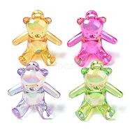 Electroplate Transparent UV Plating Acrylic Pendants, Iridescent, Bear Charms, Mixed Color, 36.5x34.5x19.5mm, Hole: 3.5mm(OACR-I014-13)