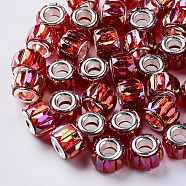 Transparent Resin European Beads, Large Hole Beads, with Silver Color Plated Double Brass Cores, Faceted, AB Color Plated, Column, Red, 11.5x8mm, Hole: 5mm(X-RPDL-Q023-A-B04)