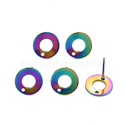 Rainbow Color 304 Stainless Steel Stud Earring Findings, with Hole, Ring, 10.5mm, Hole: 1.2mm, Pin: 0.7mm(STAS-N098-019)