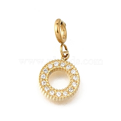 Ring 304 Stainless Steel Rhinestone Pendant Decorations, with Spring Ring Clasps, Ion Plating(IP), Real 18K Gold Plated, 17mm(STAS-H202-09G)