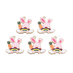 Alloy Enamel Pendants, Cadmium Free & Nickel Free & Lead Free, Light Gold, Rabbit with Rainbow & Carrot, Pink, 28x27.5x1.5mm, Hole: 2mm(ENAM-N055-096A)