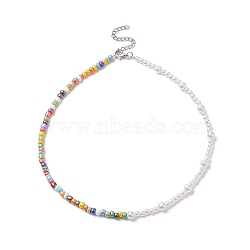 Glass Seed Bead & ABS Plastic Imitation Pearl Beaded Necklaces for Women, with 304 Stainless Steel Clasps, Stainless Steel Color, 15.12 inch(38.4cm)(NJEW-JN04264)