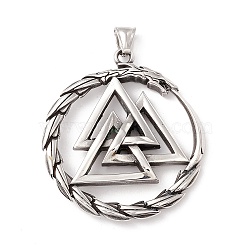 304 Stainless Steel Pendants, Flat Round with Triangle, Antique Silver, 56x50x8.5mm, Hole: 4~8.5mm(X-STAS-M299-02AS)