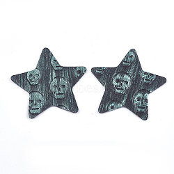 PU Leather Big Pendants, Star with Skull, Medium Aquamarine, 52x54x1.5mm, Hole: 1.5mm(FIND-T020-083A)