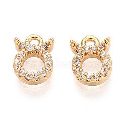 Brass Micro Pave Cubic Zirconia Charms, Twelve Constellations, Long-Lasting Plated, Nickel Free, Real 18K Gold Plated, Taurus, 8x6x2mm, Hole: 1.2mm(KK-N263-148K-G)