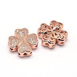 Clover Brass Micro Pave Cubic Zirconia Beads, Clear, Real Rose Gold Plated, 14x14x5mm, Hole: 1mm(ZIRC-E010-10RG)