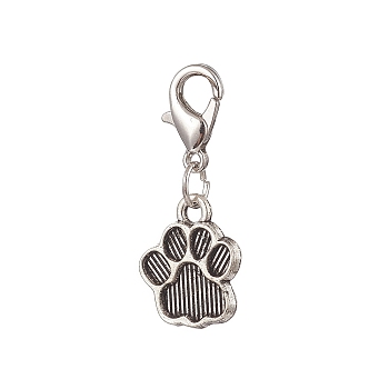 Bear Paw Print Alloy Pendant Decorations, Zinc Alloy Lobster Clasps Charm, Clip-on Charms, for Keychain, Purse, Backpack, Antique Silver & Platinum, 28mm