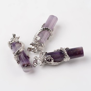Tube Natural Amethyst Pendants, with Dragon Brass Findings, Platinum, 48x15x10mm, Hole: 7x5mm