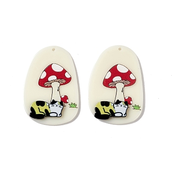 Opaque Acrylic Pendants, Oval with Mushroom and Cat Pattern Charms, PapayaWhip, 42.5x29x4mm, Hole: 1.6mm