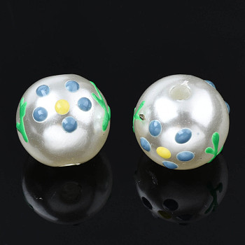 ABS Plastic Imitation Pearl Beads, with Enamel, Round with Flower, Tan, 12x11mm, Hole: 2mm