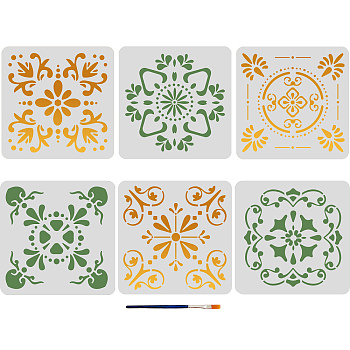 US 1 Set Bohemian Tile PET Hollow Out Drawing Painting Stencils, for DIY Scrapbook, Photo Album, with 1Pc Art Paint Brushes, Square, 300x300mm, 6pcs/set