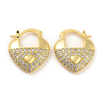 Heart Shape Brass Micro Pave Clear Cubic Zirconia Thick Hoop Earrings, Long-Lasting Plated, Cadmium Free & Lead Free, Real 18K Gold Plated, 22x19x5mm