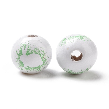 Easter Theme Printed Wood European Beads, Large Hole Beads, Round with Rabbit Pattern, Light Green, 16x14.5mm, Hole: 4mm