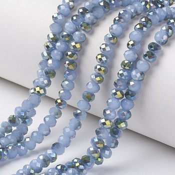 Electroplate Glass Beads Strands, Imitation Jade Beads, Pearl Luster Plated, Half Green Plated, Faceted, Rondelle, Light Sky Blue, 8x6mm, Hole: 1mm, about 68pcs/strand, 15.5 inch(38.75cm)