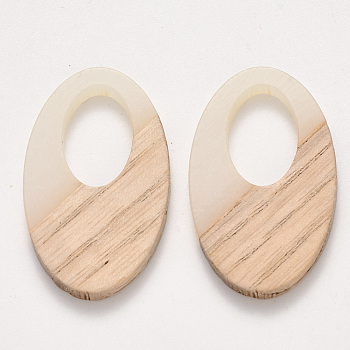 Transparent Resin & Wood Pendants, Waxed, Oval, Linen, 35.5x21.5x3~4mm, Hole: 16x10mm