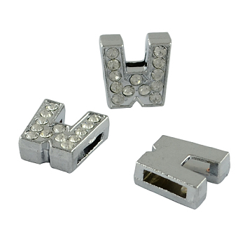 Alloy Initial Slide Charms with Grade A Rhinestones, Lead Free & Nickel Free, Platinum, Letter.W, 12~13x8~13x4~5mm, Hole: 8x2mm